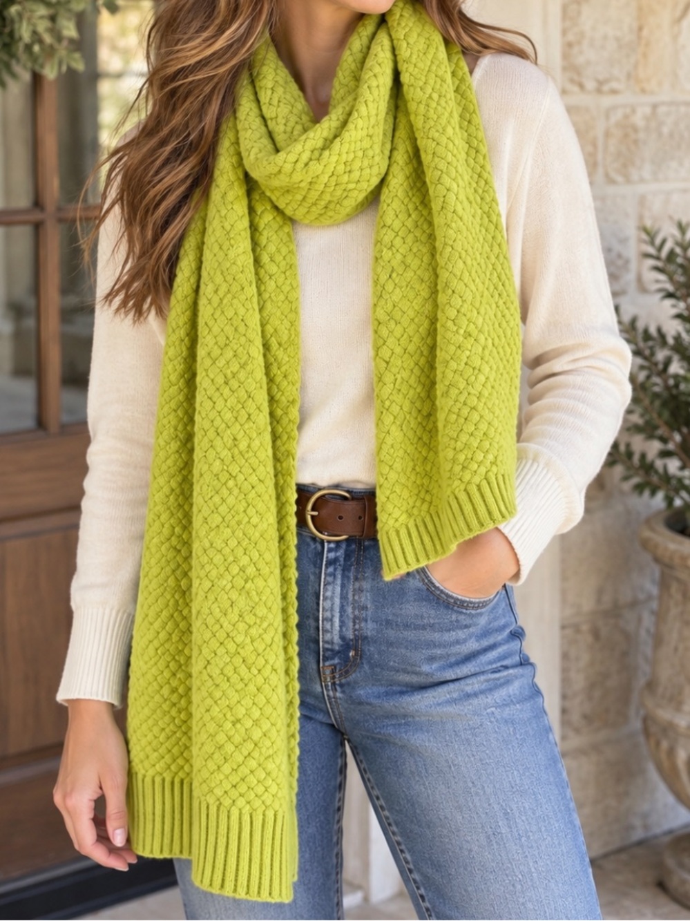 Boden Basketweave Chartreuse Wool |Angora Scarf. Cozy | Warm | Citronelle Chunky